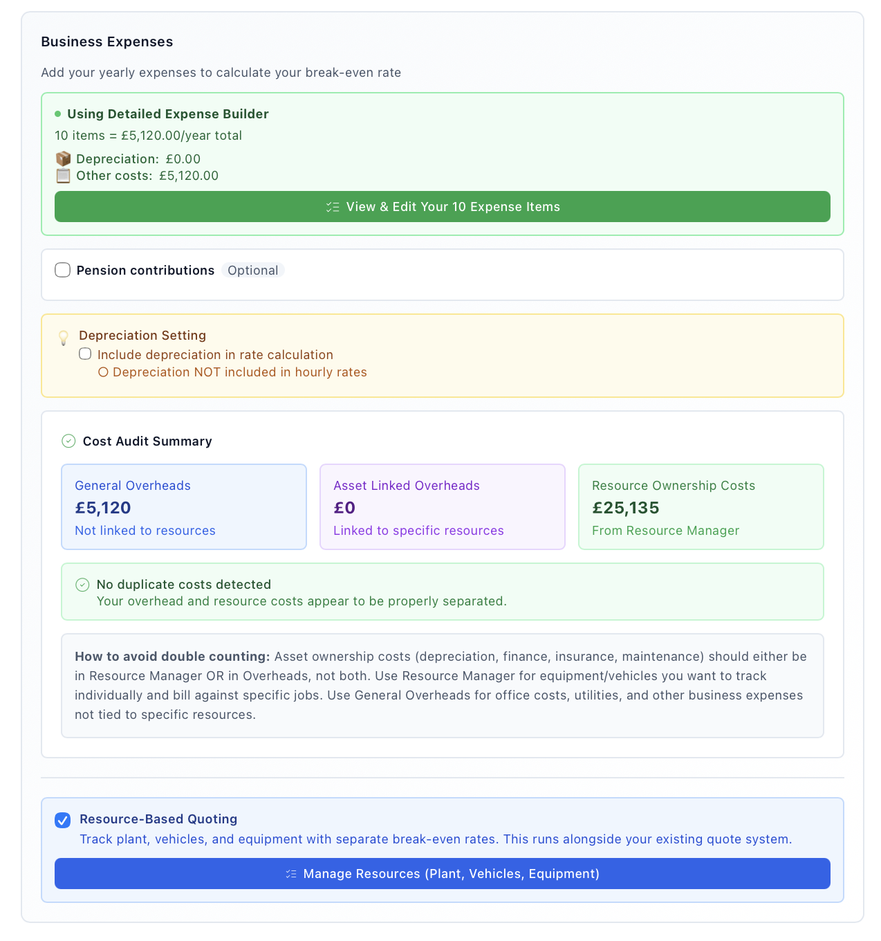 Business expenses and cost audit in RateCheck